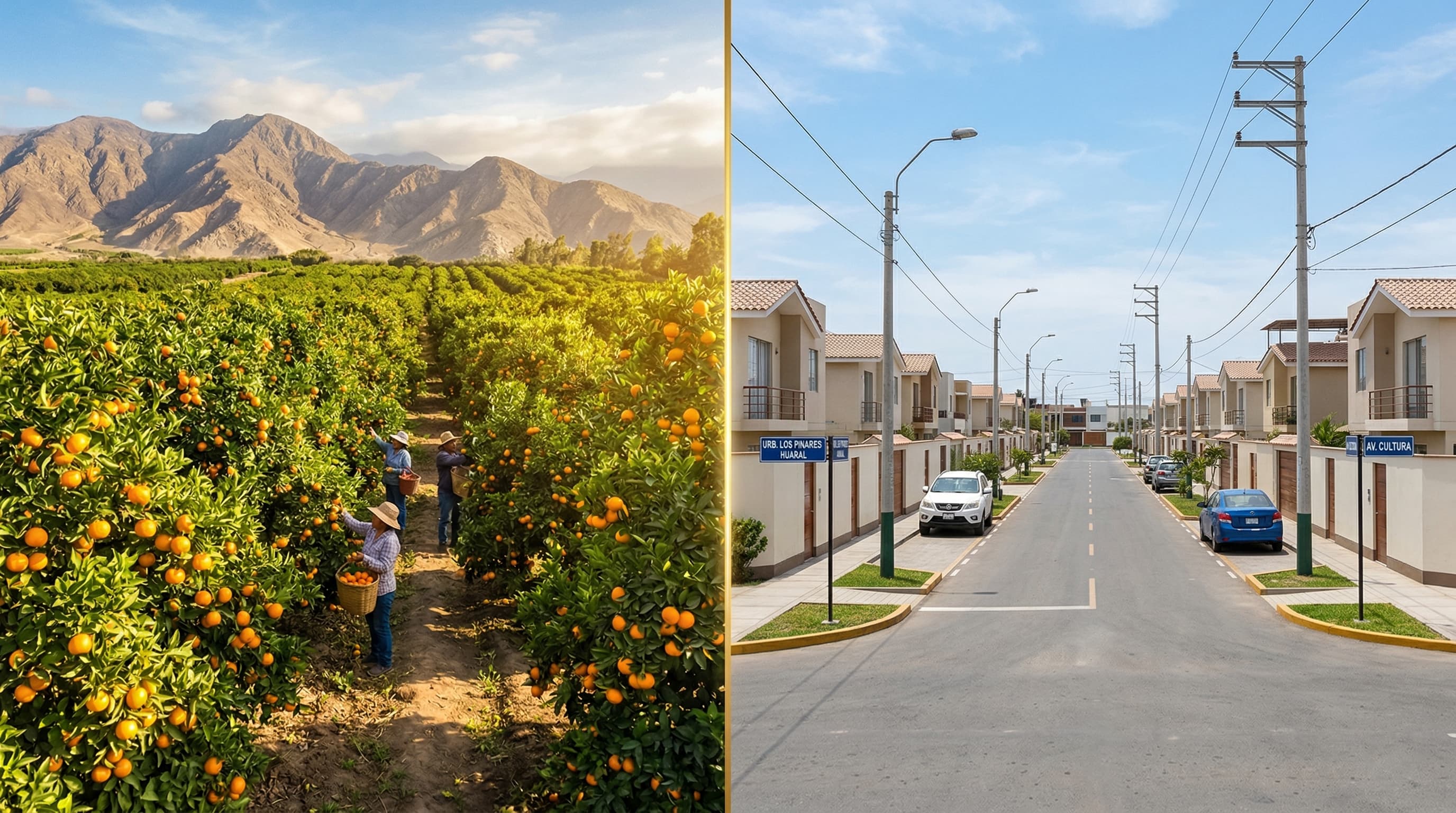 Comparación entre campo agrícola de mandarinas y urbanización en Huaral Norte Chico – terreno agrícola vs urbano