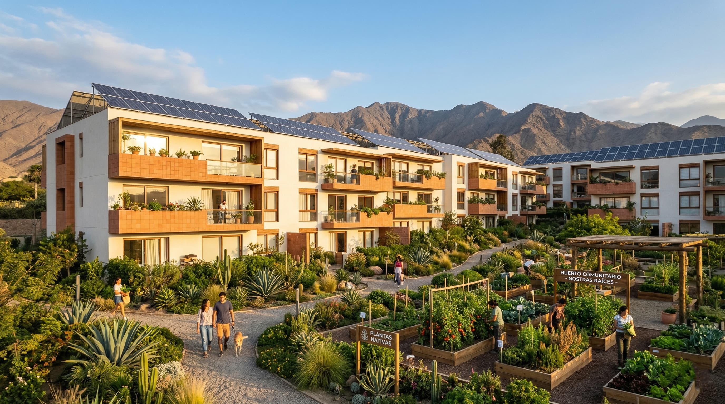 Condominio moderno con jardines y paneles solares en Huaral Norte Chico – vivienda sostenible Peru