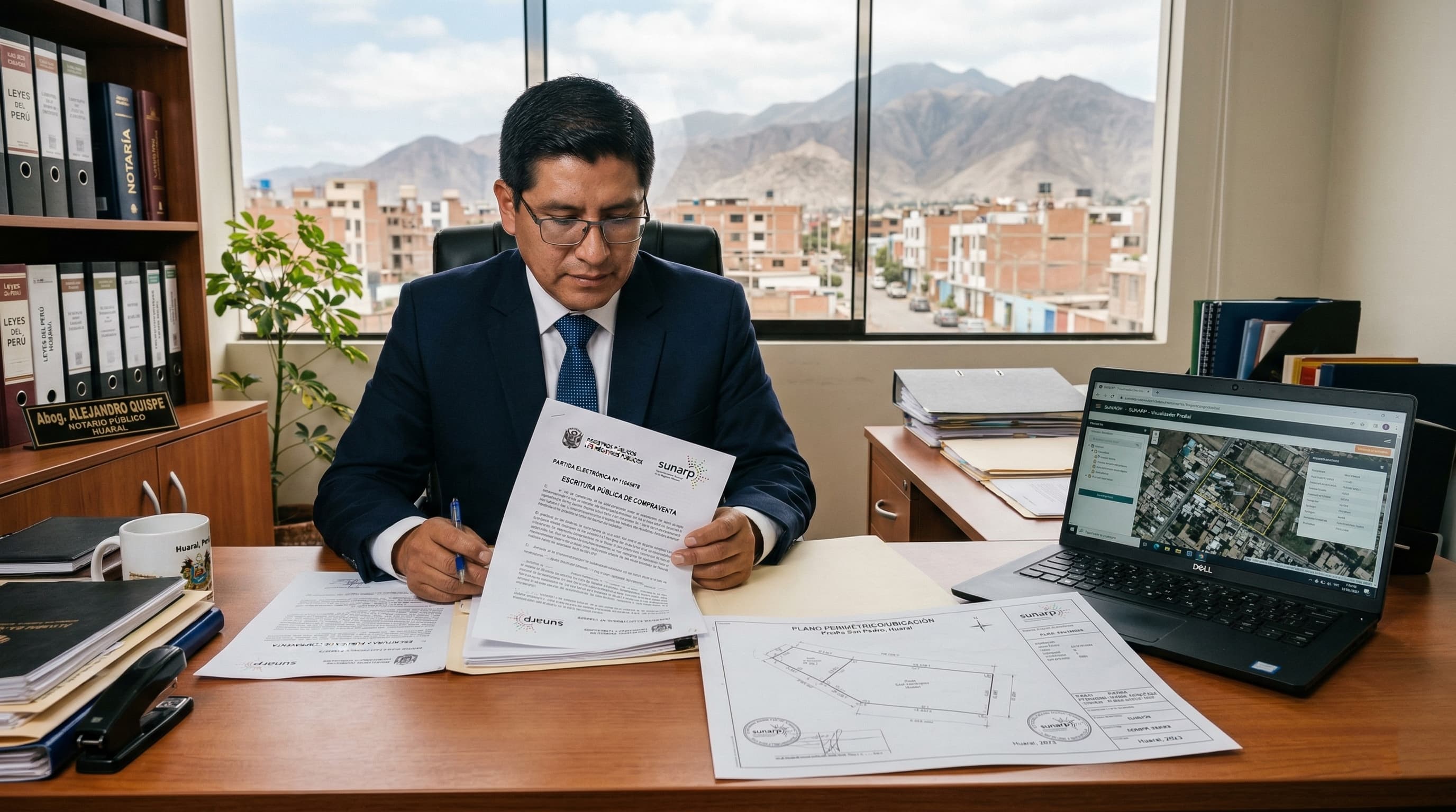 Notario revisando escrituras de terreno en Huaral – saneamiento físico legal Norte Chico SUNARP