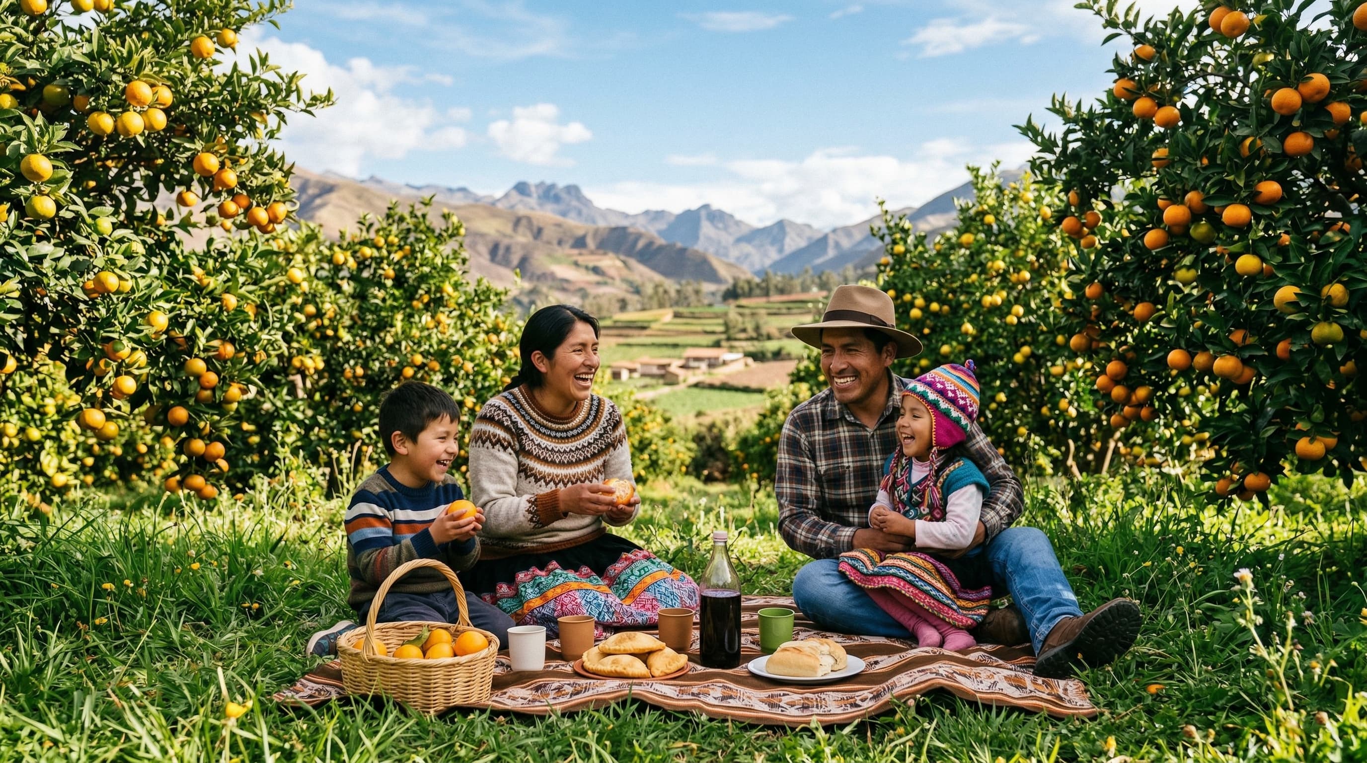 Familia Huaralina disfrutando de campos verdes y cielo despejado en el Norte Chico – calidad de vida en Huaral
